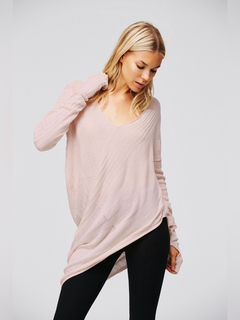Free People Soft Pink V-Neck Asymmetrical Lightweight Knit Top with Thumb Holes